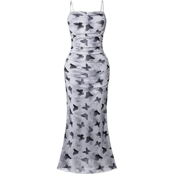 🆕 Women Black Mesh Sexy Cami Long Dresses Floral Slip Maxi RuchedSummer Bodycon - Picture 1 of 6